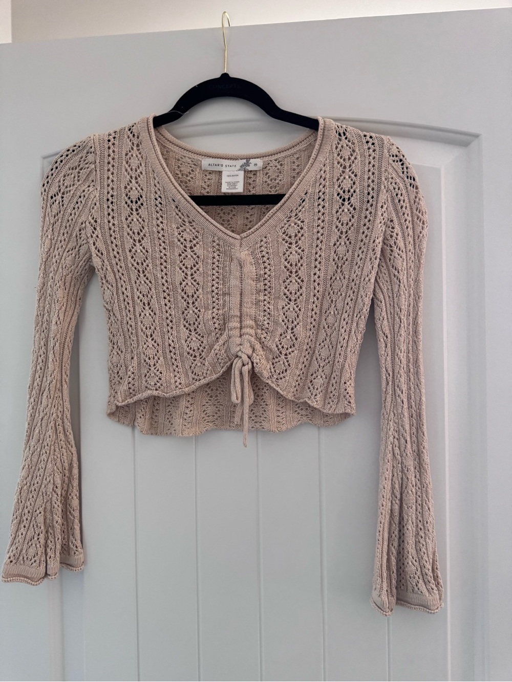 Altar'd State Beige Crochet Drawstring V-Neck Crop Sweater